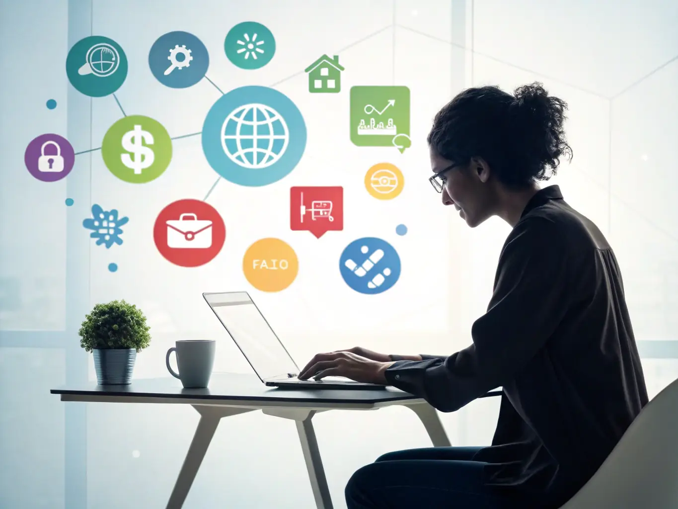 An image showing a professional working on a computer with flowcharts and automation diagrams on the screen, symbolizing workflow automation.