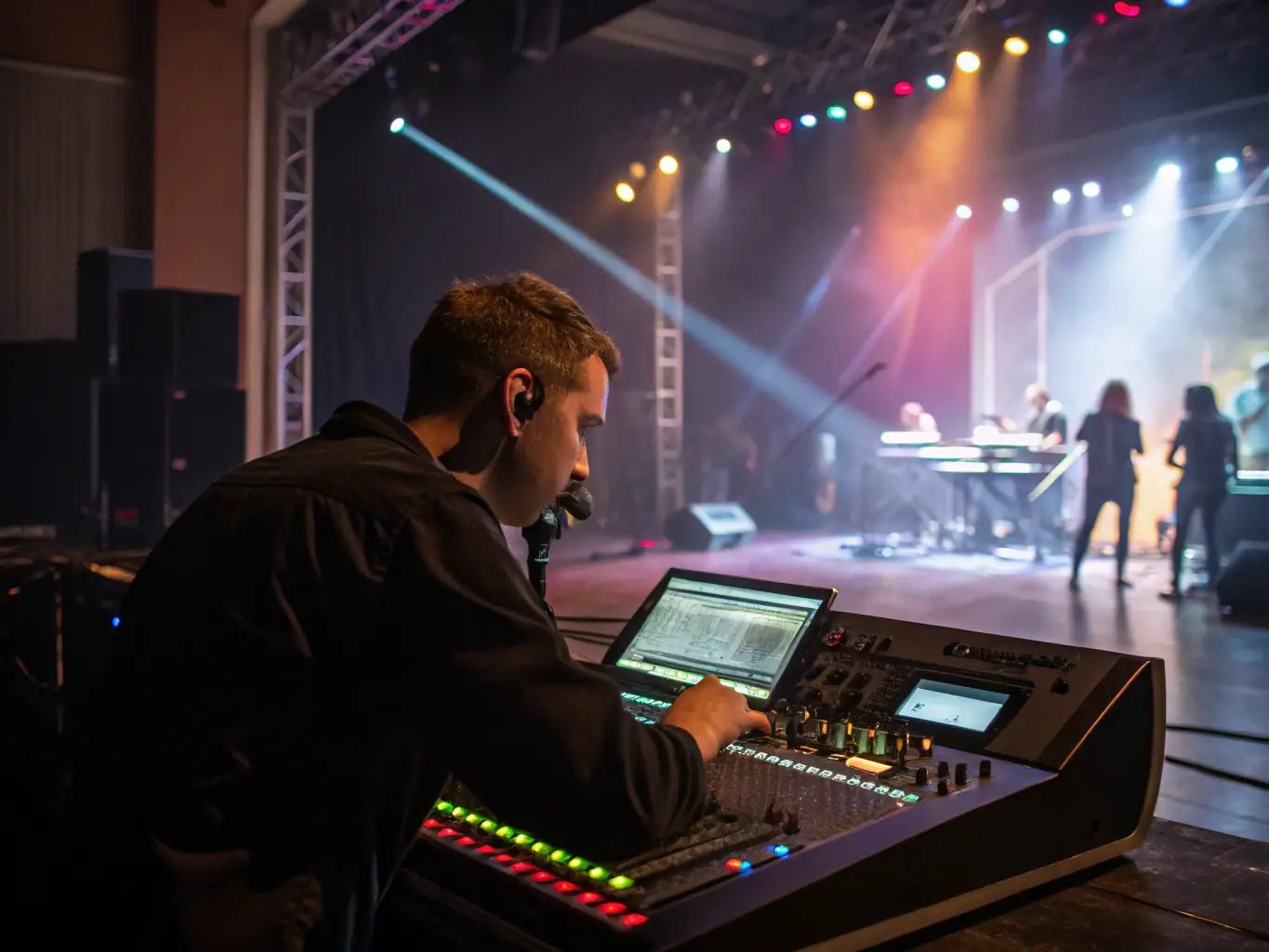 A professional sound engineer adjusting audio levels during a live music event, showcasing the technical expertise DervLabs brings to live productions.