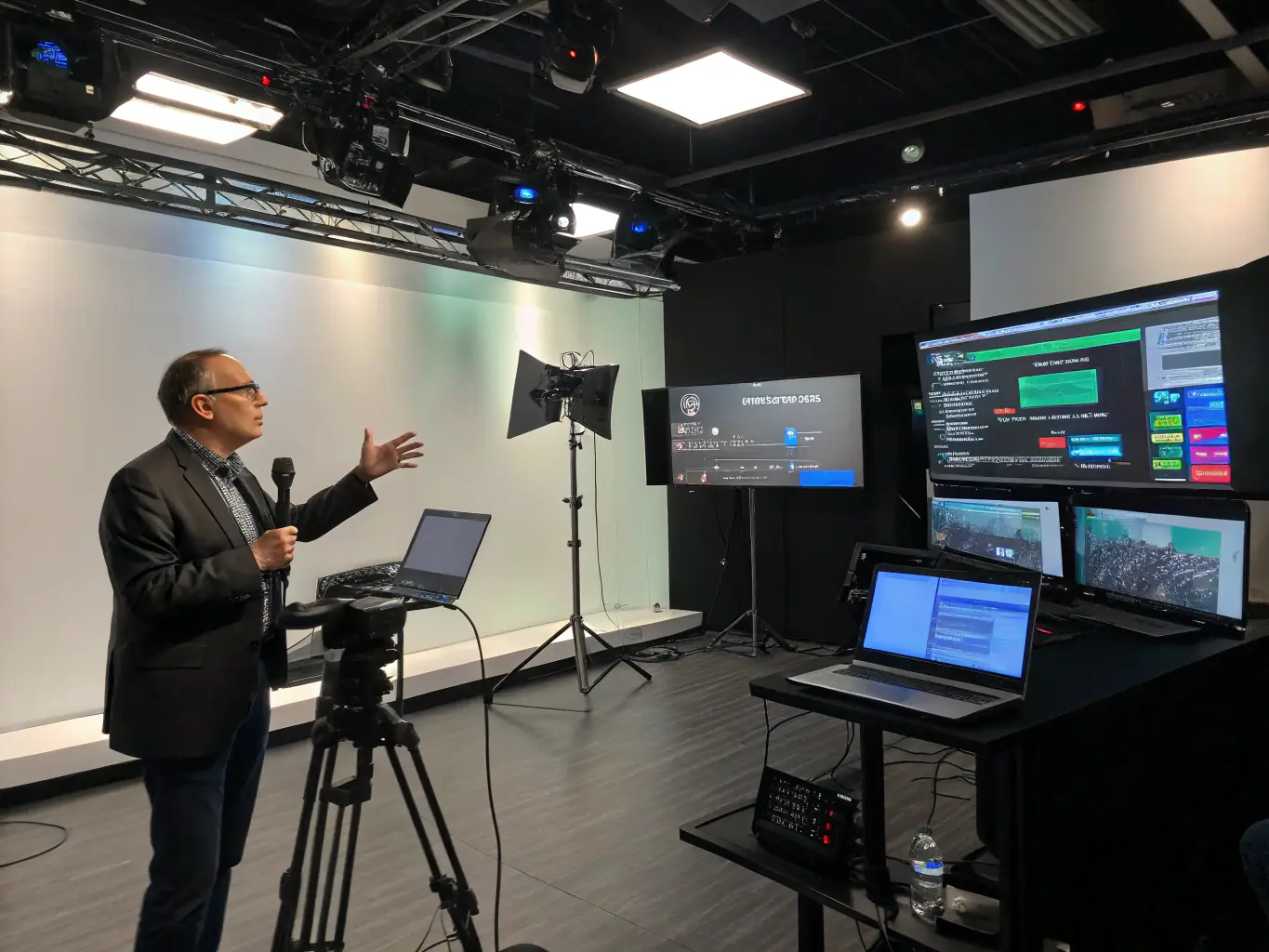 A multi-camera setup capturing a speaker presenting at a virtual conference, highlighting DervLabs' capabilities in virtual event production.
