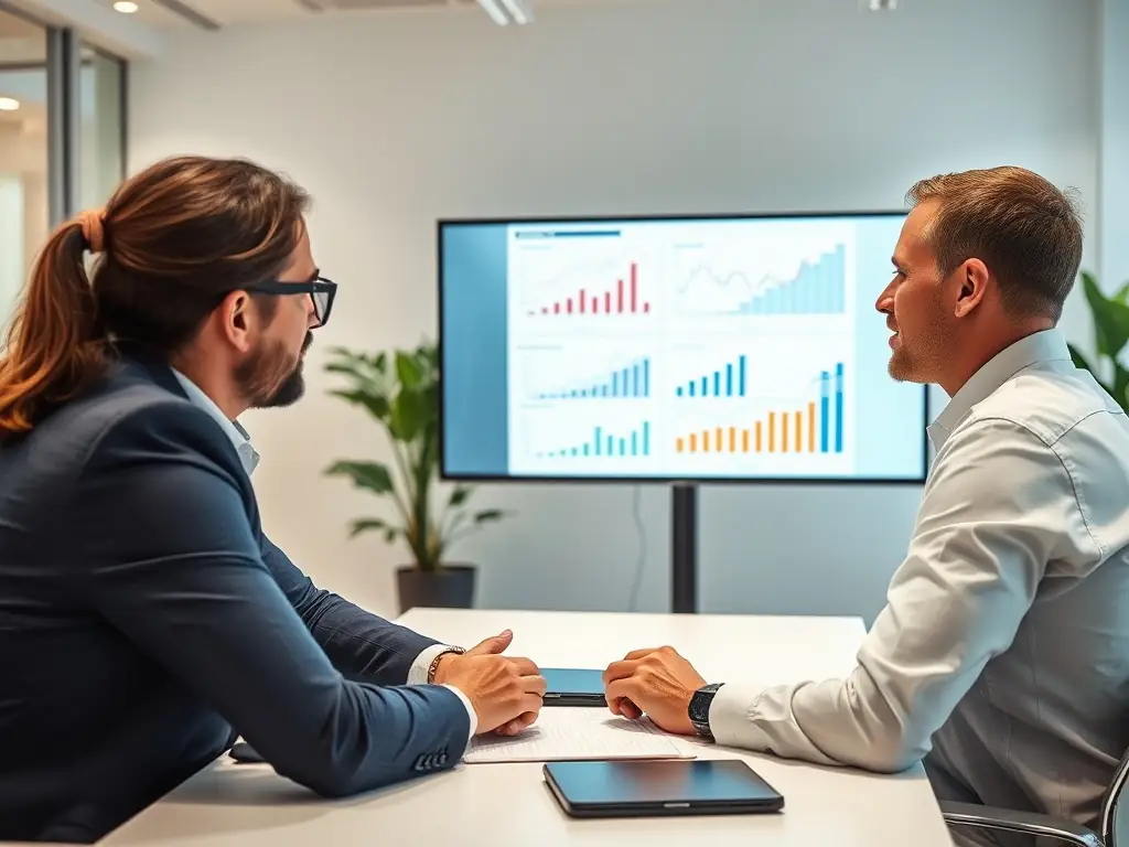 A consultant analyzing business processes with flowcharts and diagrams, highlighting areas for automation and efficiency improvements.